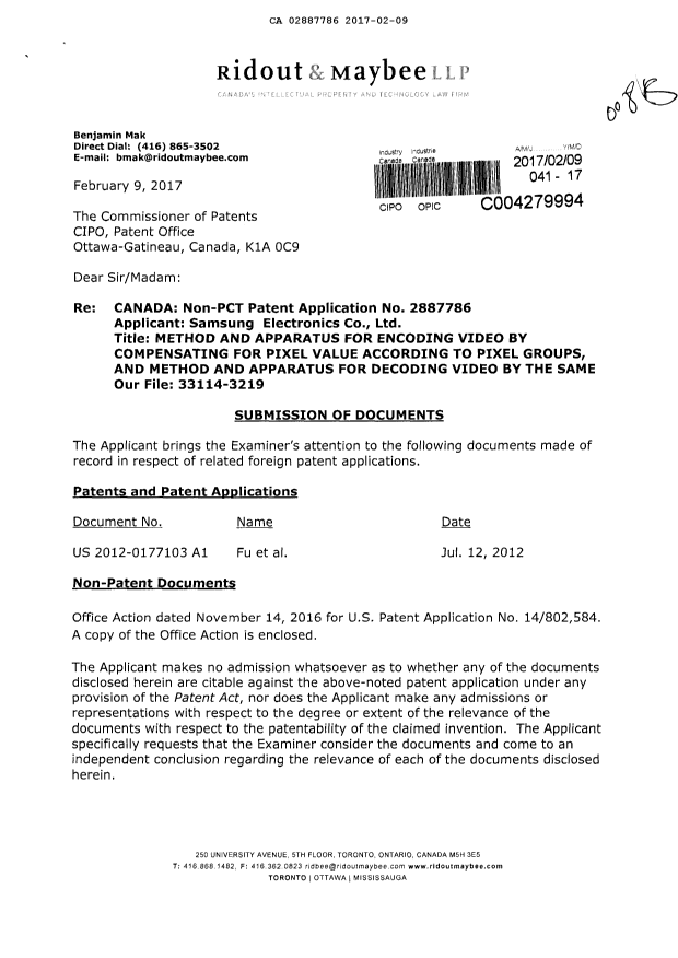 Document de brevet canadien 2887786. Poursuite-Amendment 20161209. Image 1 de 2
