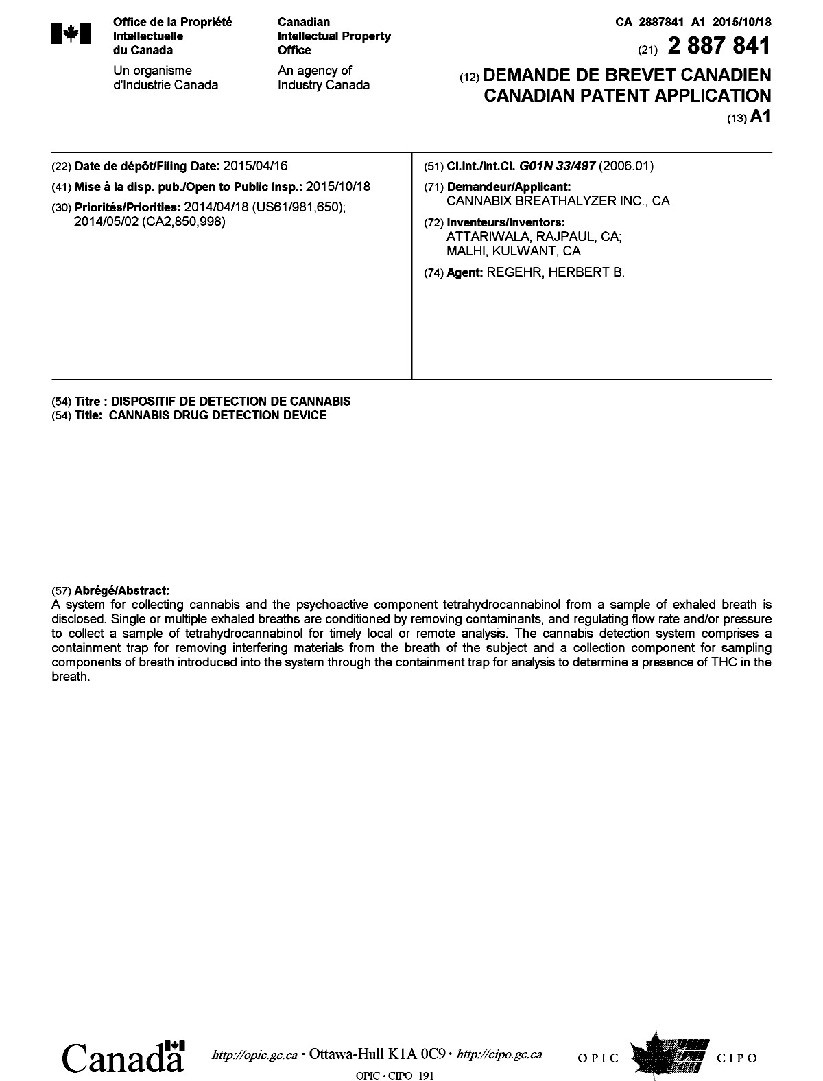 Canadian Patent Document 2887841. Cover Page 20141229. Image 1 of 1