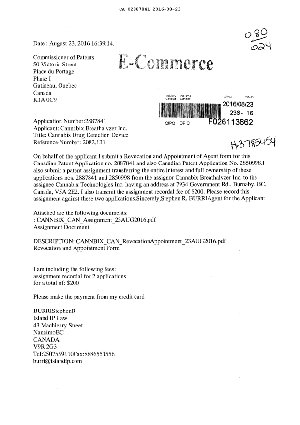 Document de brevet canadien 2887841. Correspondance 20151223. Image 1 de 3