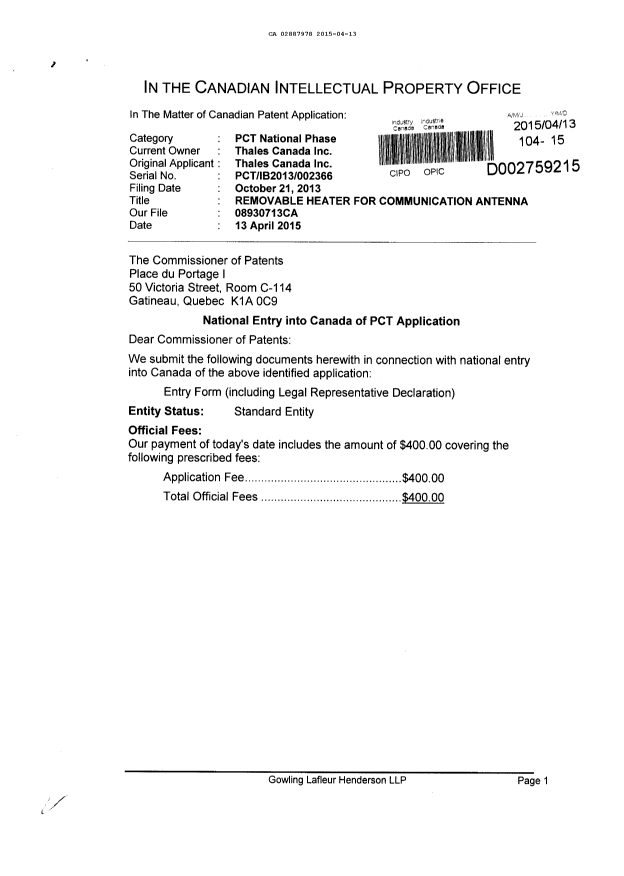 Canadian Patent Document 2887978. Assignment 20150413. Image 1 of 3