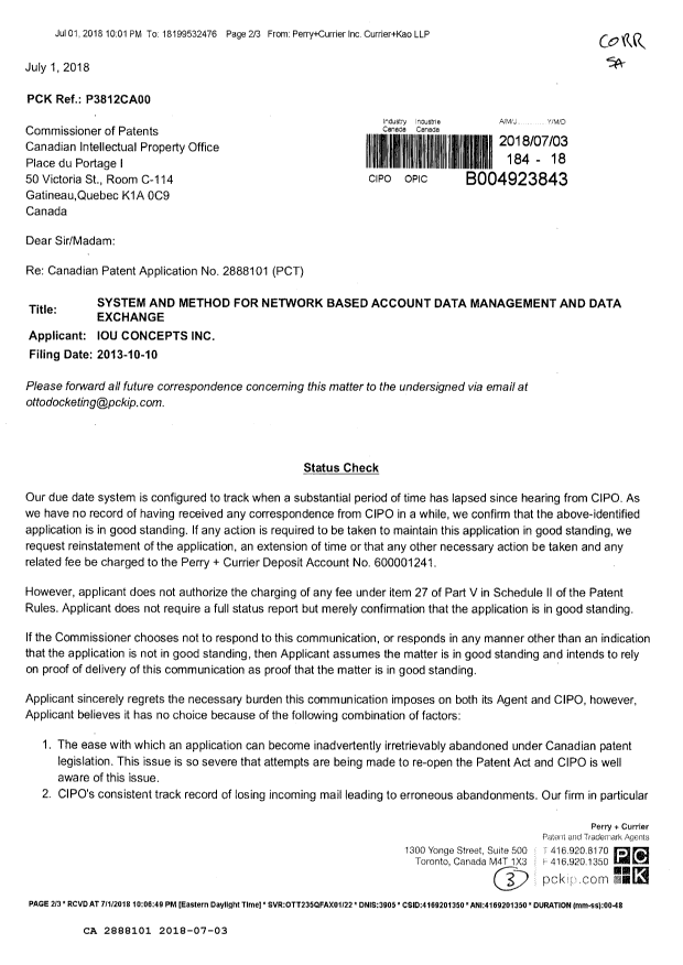 Document de brevet canadien 2888101. Correspondance reliée au PCT 20180703. Image 1 de 3
