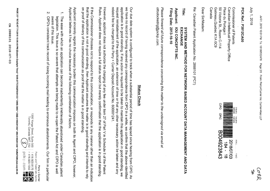 Document de brevet canadien 2888101. Correspondance reliée au PCT 20180703. Image 1 de 3