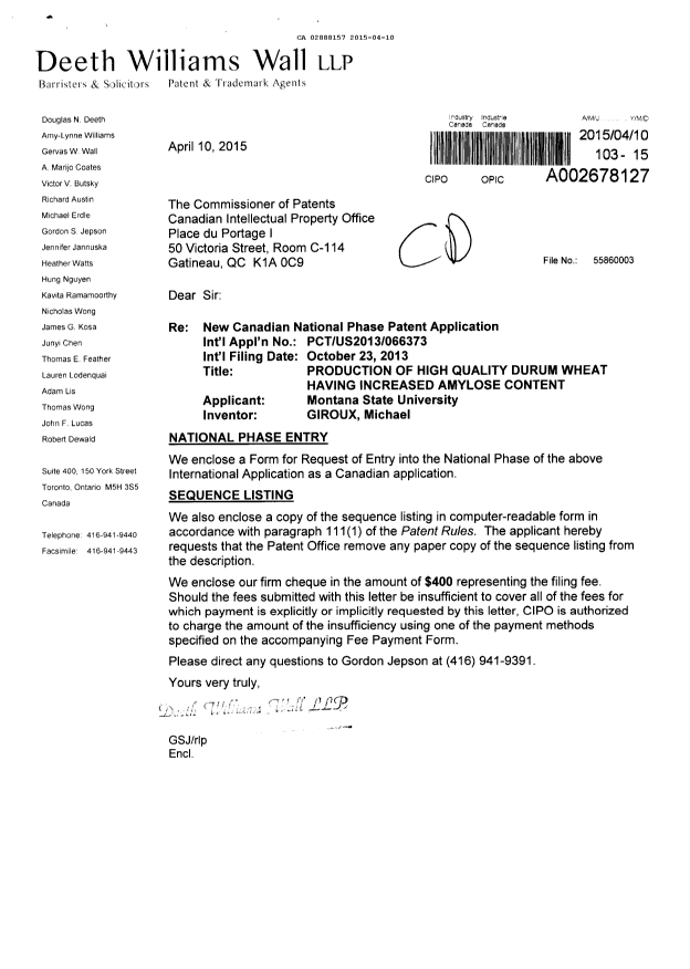 Document de brevet canadien 2888157. Cession 20150410. Image 1 de 3