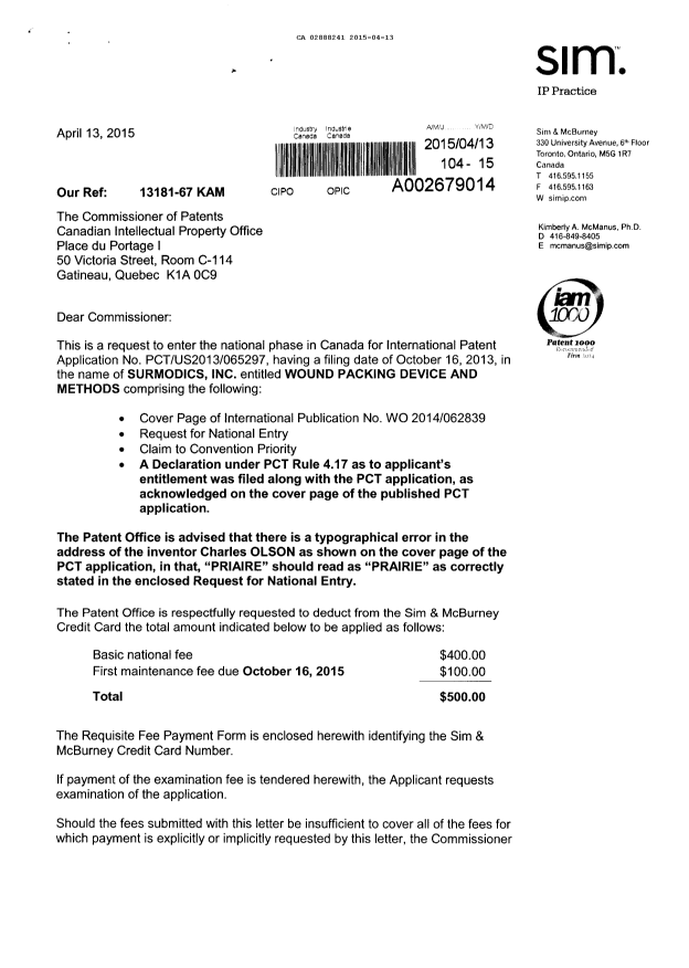 Document de brevet canadien 2888241. Cession 20150413. Image 1 de 5