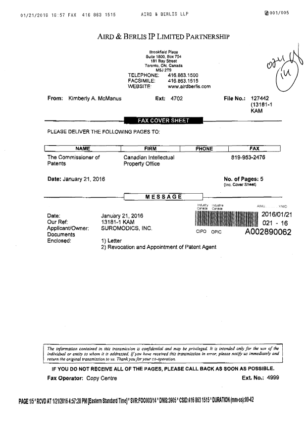 Document de brevet canadien 2888241. Correspondance 20160121. Image 1 de 5