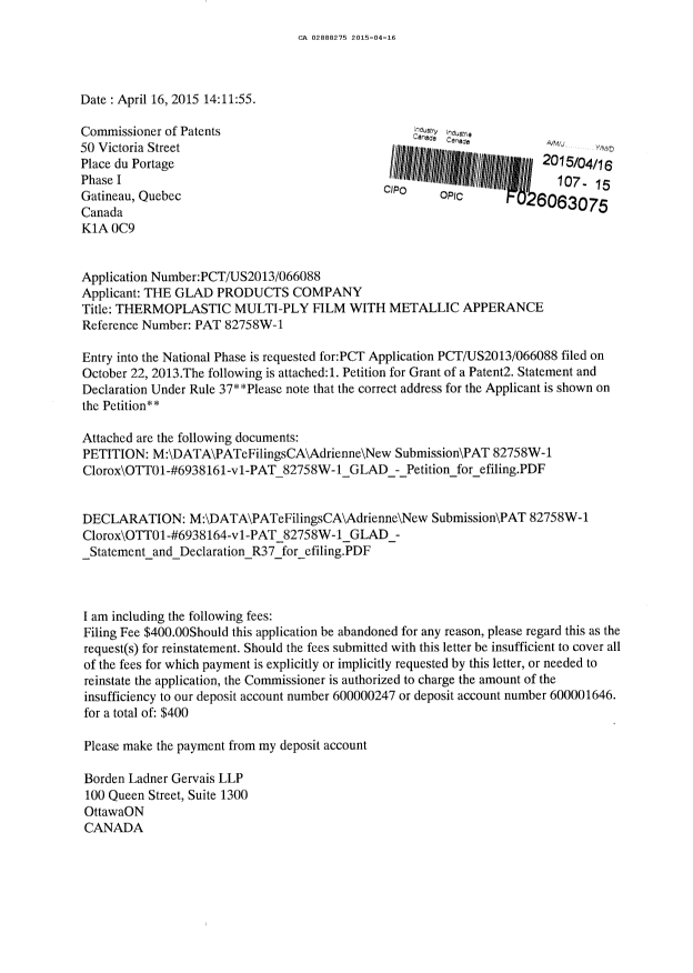 Document de brevet canadien 2888275. Cession 20150416. Image 1 de 5