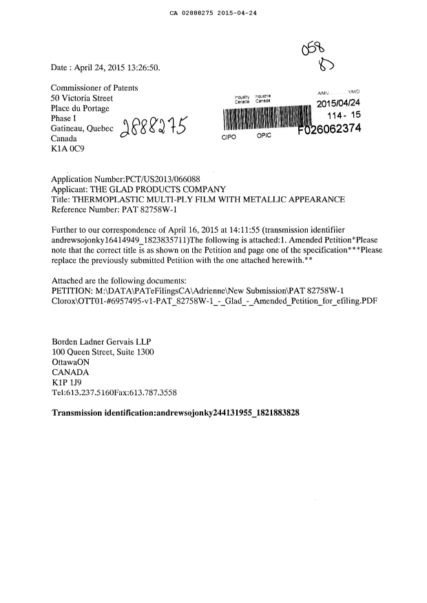 Document de brevet canadien 2888275. Correspondance 20150424. Image 1 de 3