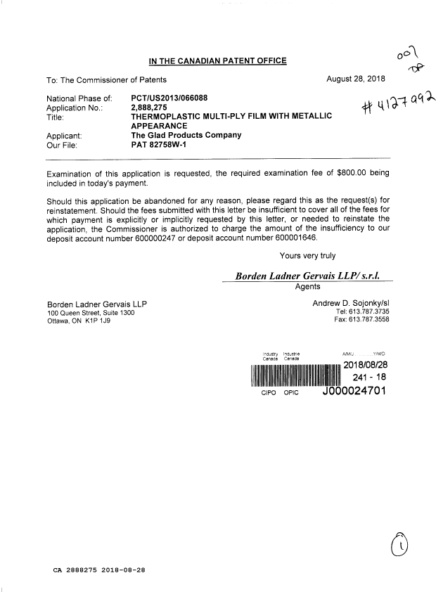 Document de brevet canadien 2888275. Requête d'examen 20180828. Image 1 de 1