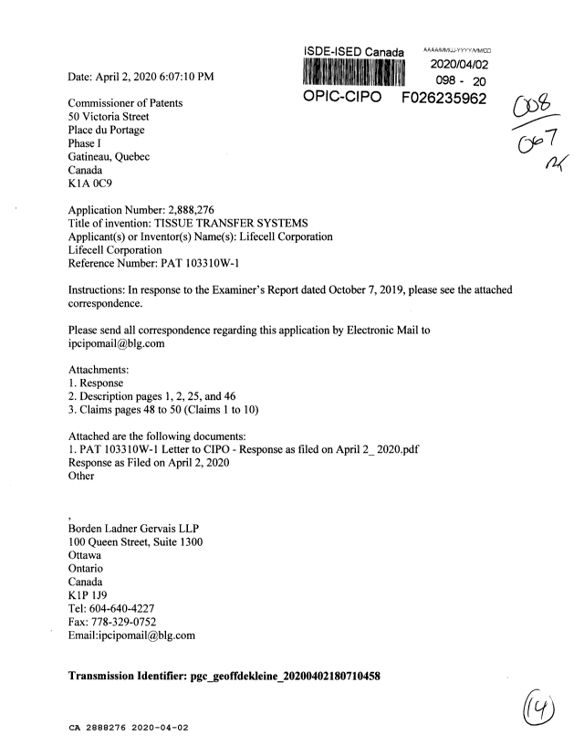 Canadian Patent Document 2888276. Amendment 20200402. Image 1 of 14