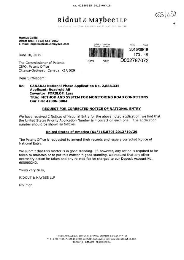 Document de brevet canadien 2888335. Correspondance 20141218. Image 1 de 1