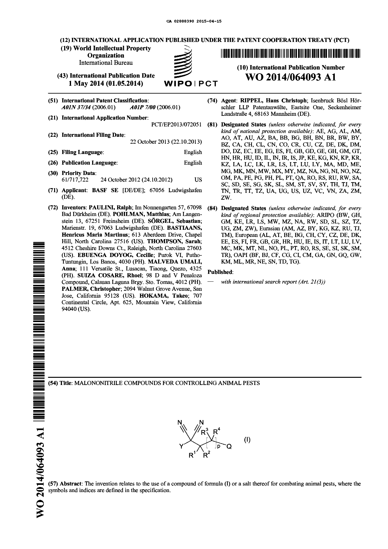 Document de brevet canadien 2888390. Abrégé 20141215. Image 1 de 1