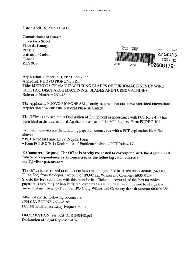 Document de brevet canadien 2888416. Cession 20150416. Image 1 de 4