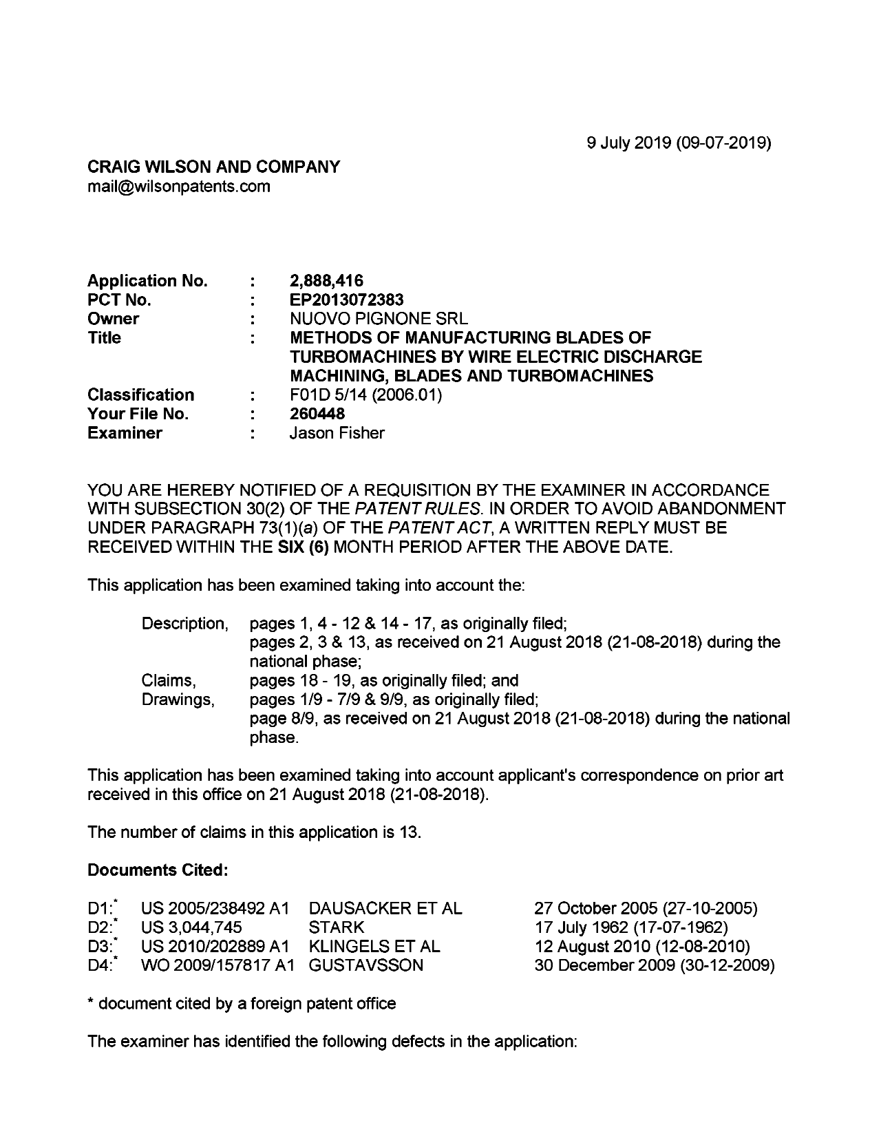 Canadian Patent Document 2888416. Examiner Requisition 20190709. Image 1 of 4