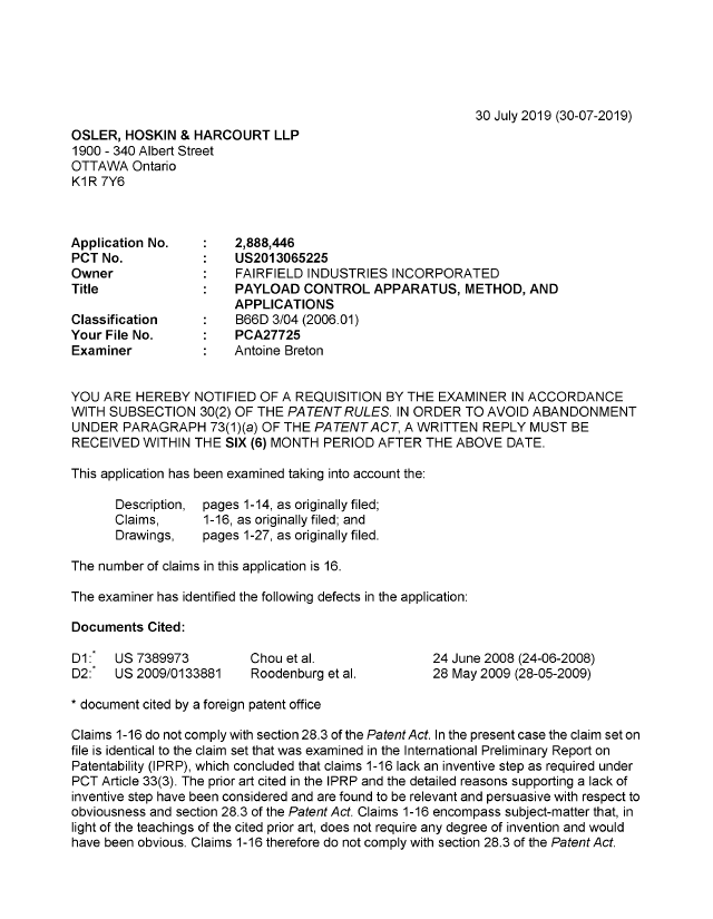 Canadian Patent Document 2888446. Examiner Requisition 20190730. Image 1 of 3