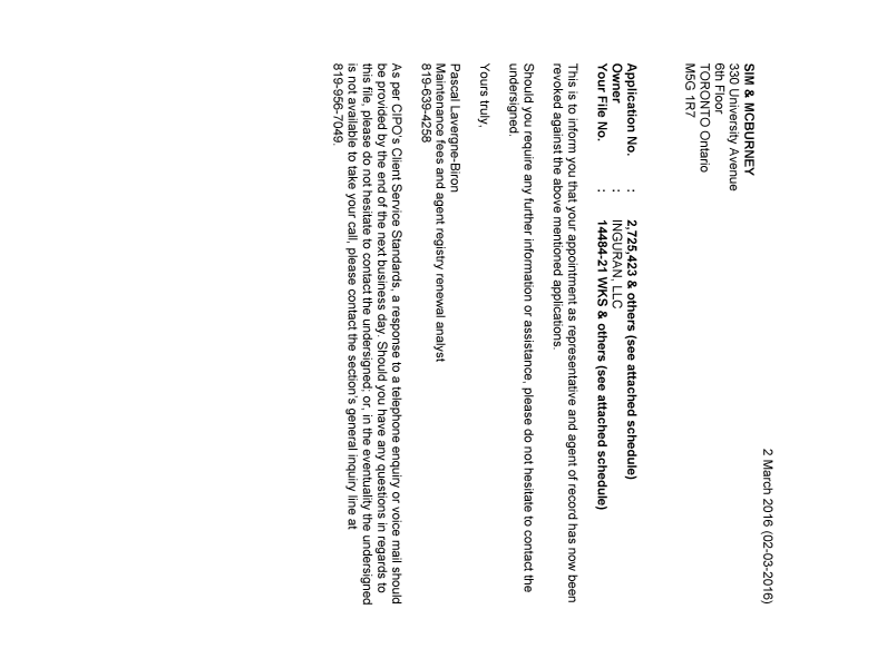 Document de brevet canadien 2888458. Correspondance 20151202. Image 1 de 3