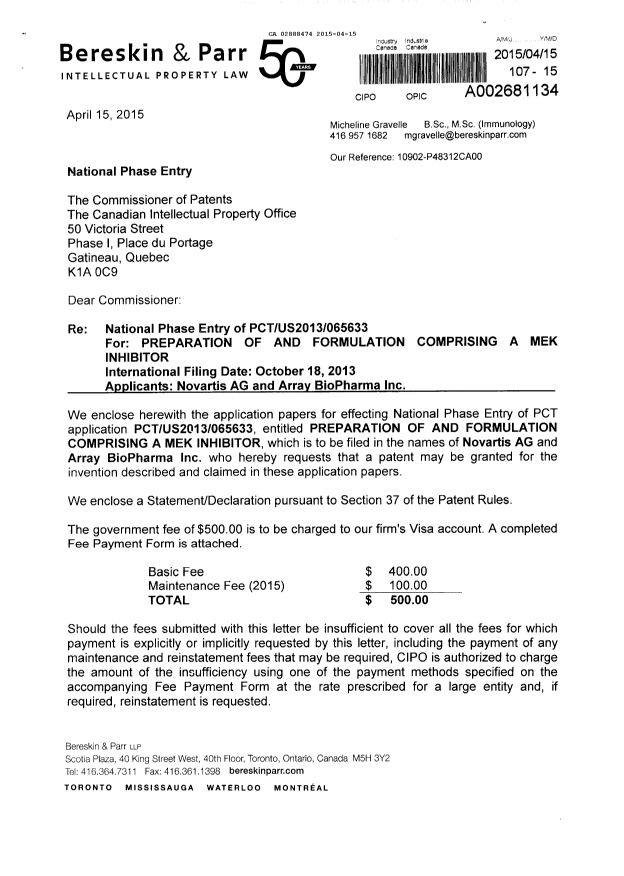 Document de brevet canadien 2888474. Cession 20150415. Image 1 de 5