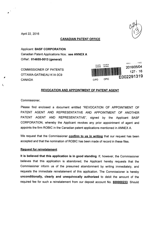 Document de brevet canadien 2888512. Correspondance 20151204. Image 1 de 3