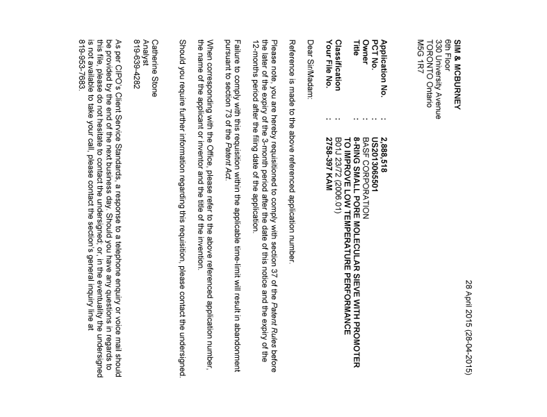 Document de brevet canadien 2888518. Correspondance 20141228. Image 1 de 2