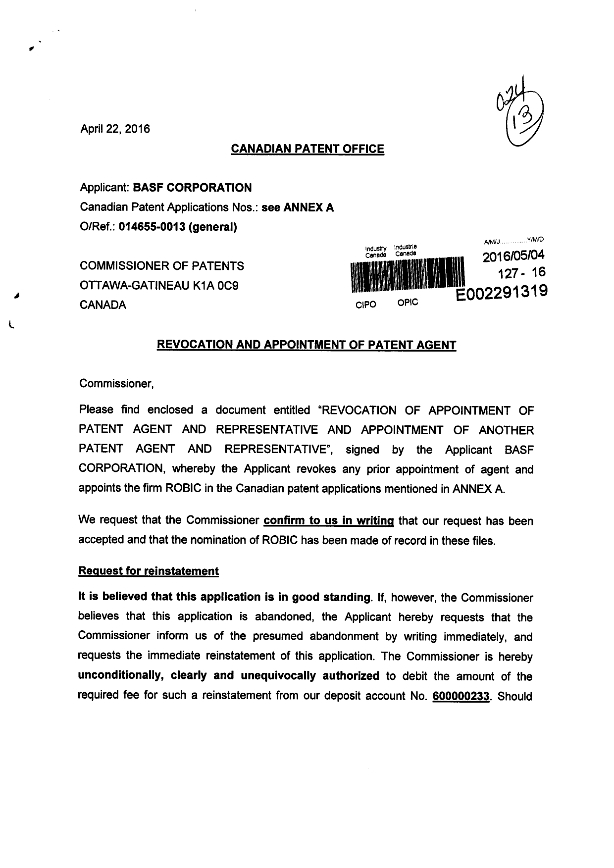Document de brevet canadien 2888518. Correspondance 20151204. Image 1 de 3