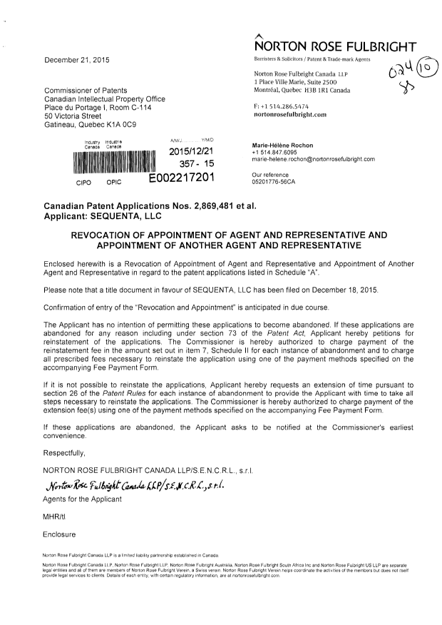 Document de brevet canadien 2888524. Correspondance 20141221. Image 1 de 4