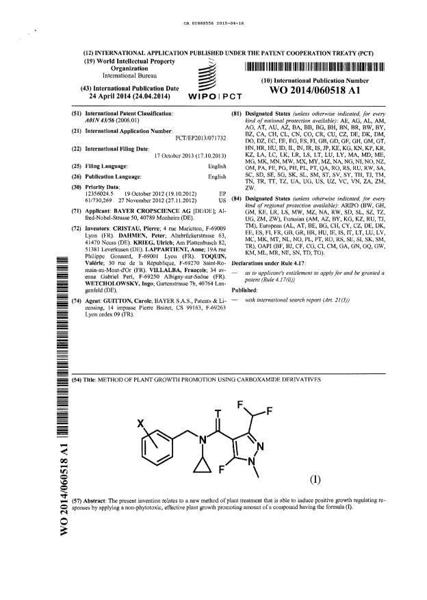 Document de brevet canadien 2888556. PCT 20141216. Image 1 de 11
