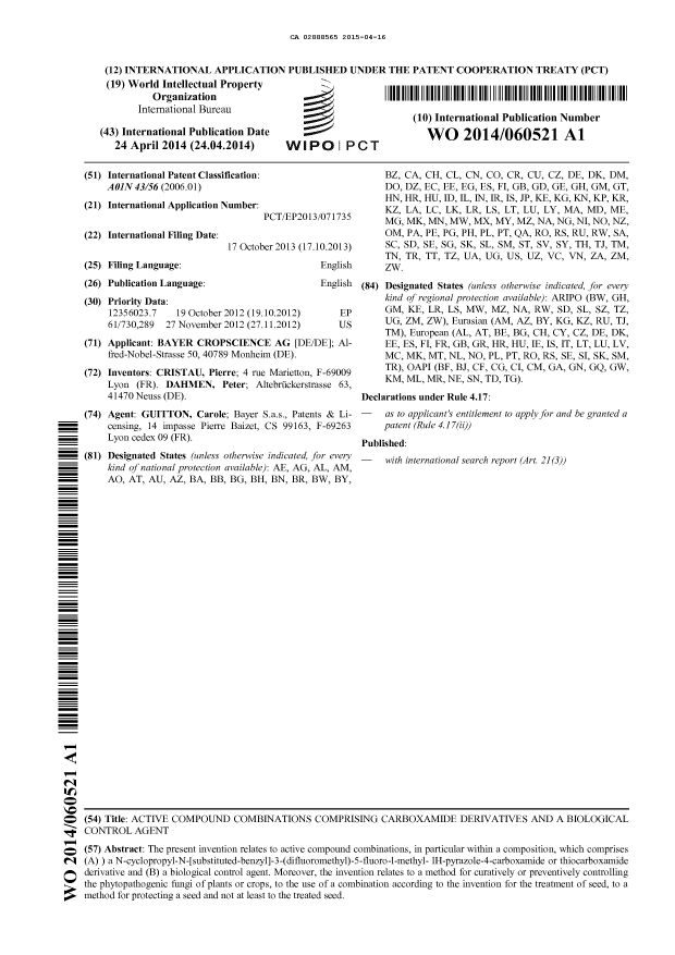 Document de brevet canadien 2888565. Abrégé 20141216. Image 1 de 1