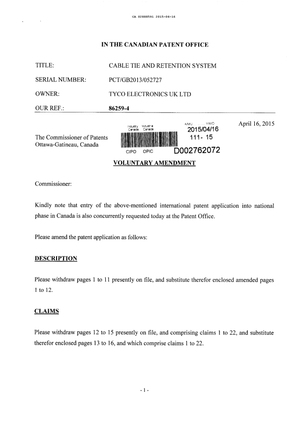 Document de brevet canadien 2888591. Poursuite-Amendment 20141216. Image 1 de 18