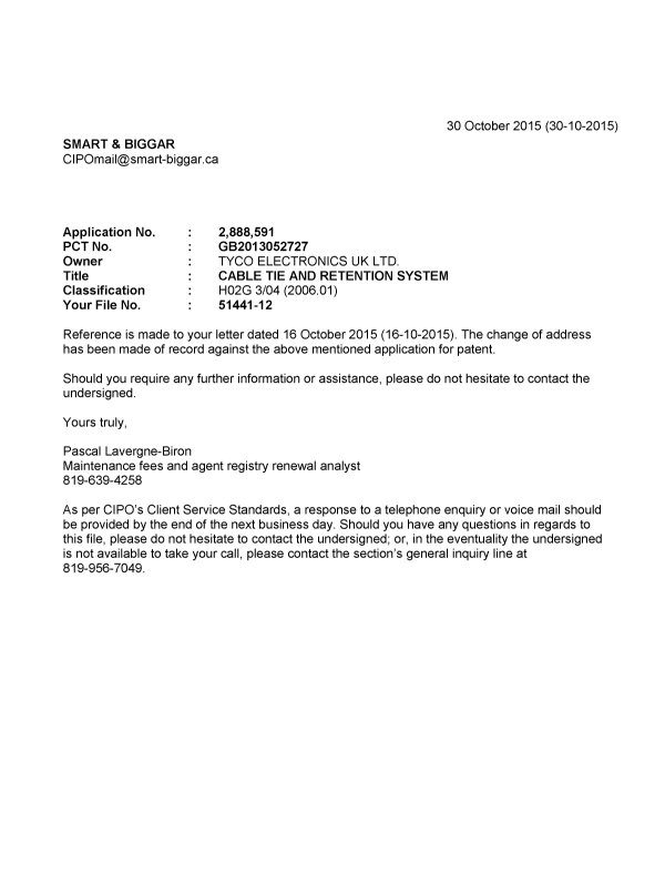 Document de brevet canadien 2888591. Correspondance 20141230. Image 1 de 1
