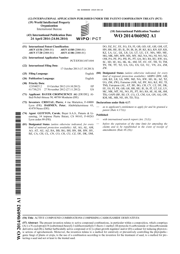 Document de brevet canadien 2888600. Abrégé 20141216. Image 1 de 1