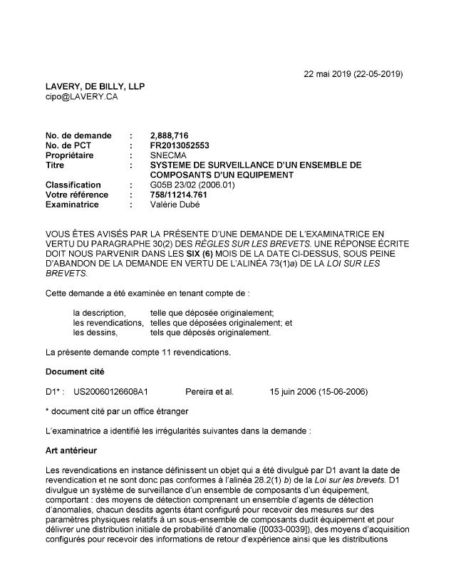 Document de brevet canadien 2888716. Demande d'examen 20190522. Image 1 de 4