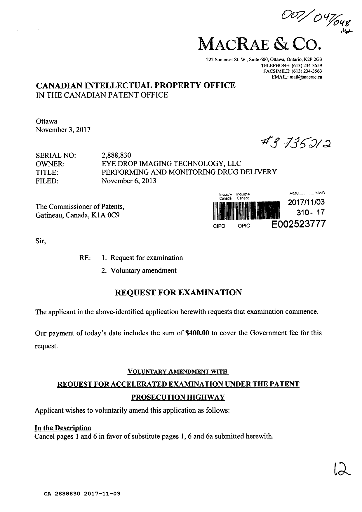 Canadian Patent Document 2888830. Amendment 20171103. Image 1 of 12