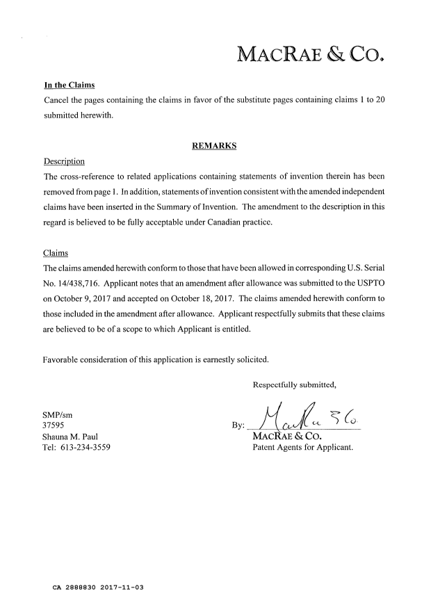 Canadian Patent Document 2888830. Amendment 20171103. Image 2 of 12