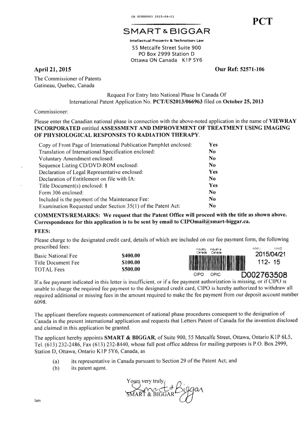 Document de brevet canadien 2888993. Cession 20150421. Image 1 de 4
