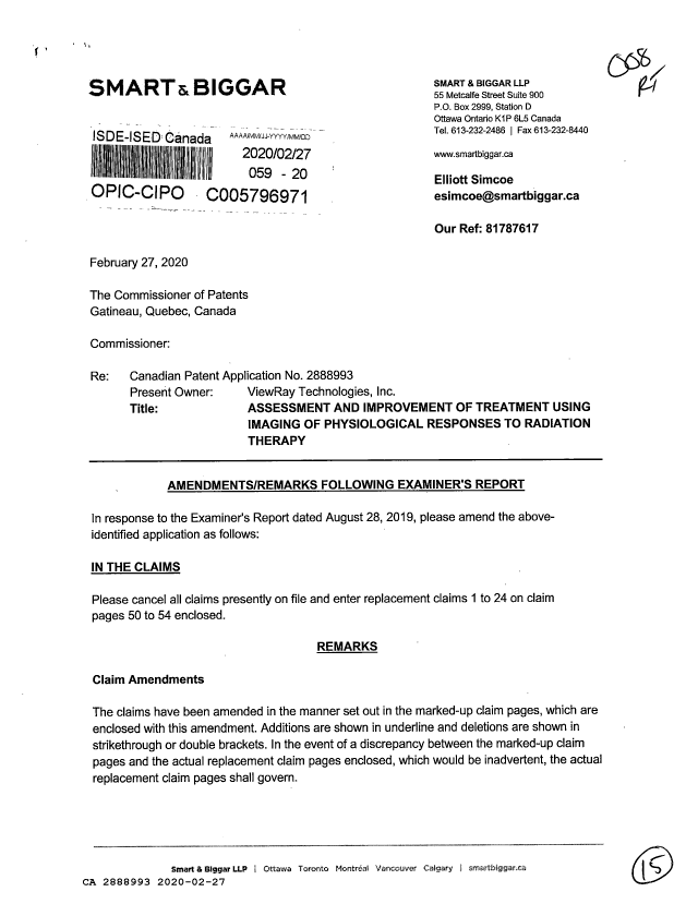 Document de brevet canadien 2888993. Modification 20200227. Image 1 de 15