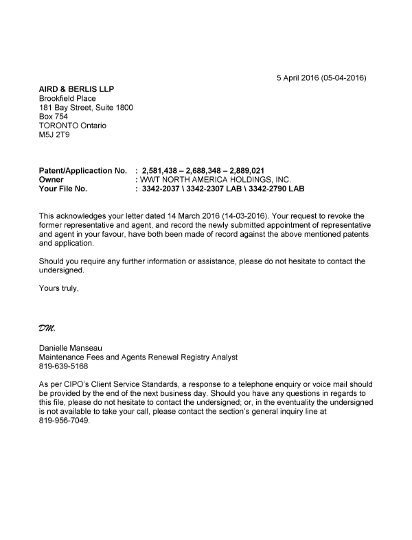 Document de brevet canadien 2889021. Correspondance 20151205. Image 1 de 1