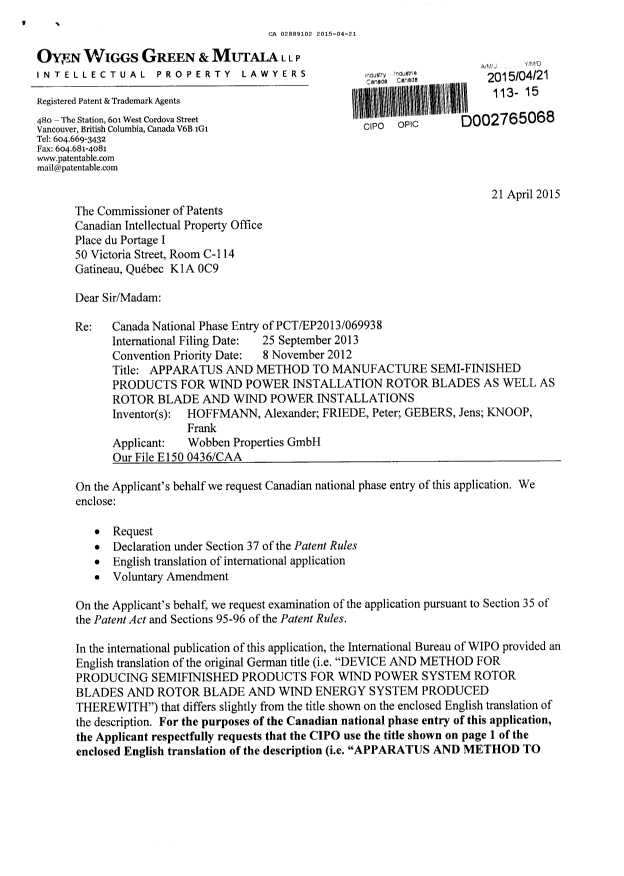 Document de brevet canadien 2889102. Cession 20150421. Image 1 de 4