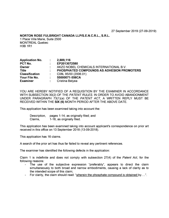 Document de brevet canadien 2889116. Demande d'examen 20190927. Image 1 de 5