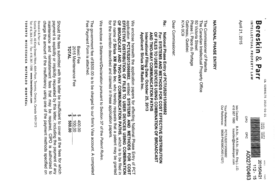 Document de brevet canadien 2889175. Cession 20150421. Image 1 de 5