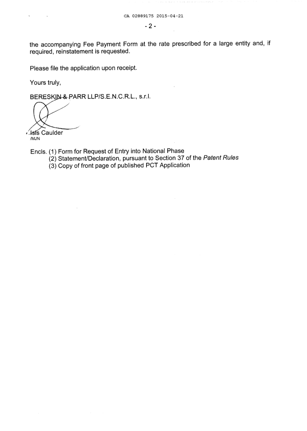 Document de brevet canadien 2889175. Cession 20150421. Image 2 de 5