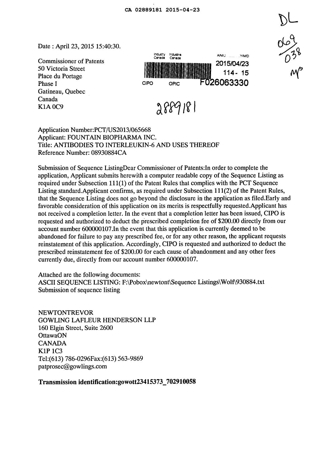 Canadian Patent Document 2889181. Prosecution-Amendment 20141223. Image 1 of 4