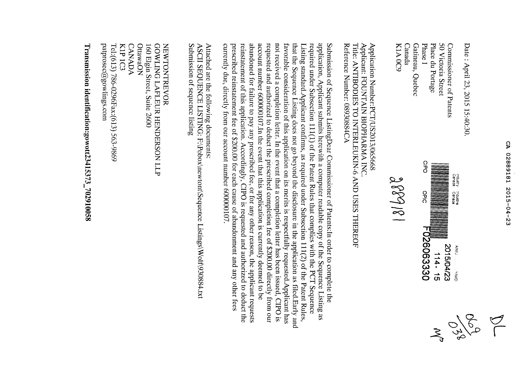 Document de brevet canadien 2889181. Poursuite-Amendment 20141223. Image 1 de 4