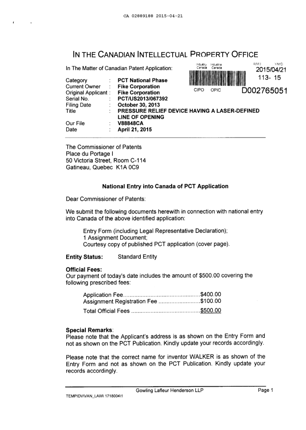 Document de brevet canadien 2889188. Cession 20150421. Image 1 de 8
