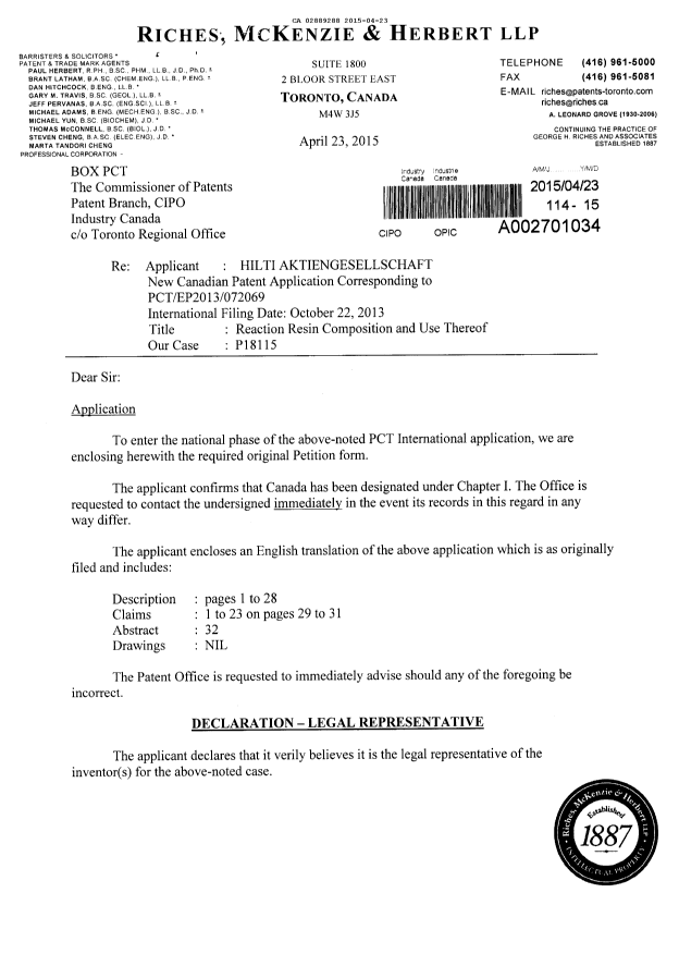 Document de brevet canadien 2889288. Cession 20150423. Image 1 de 4