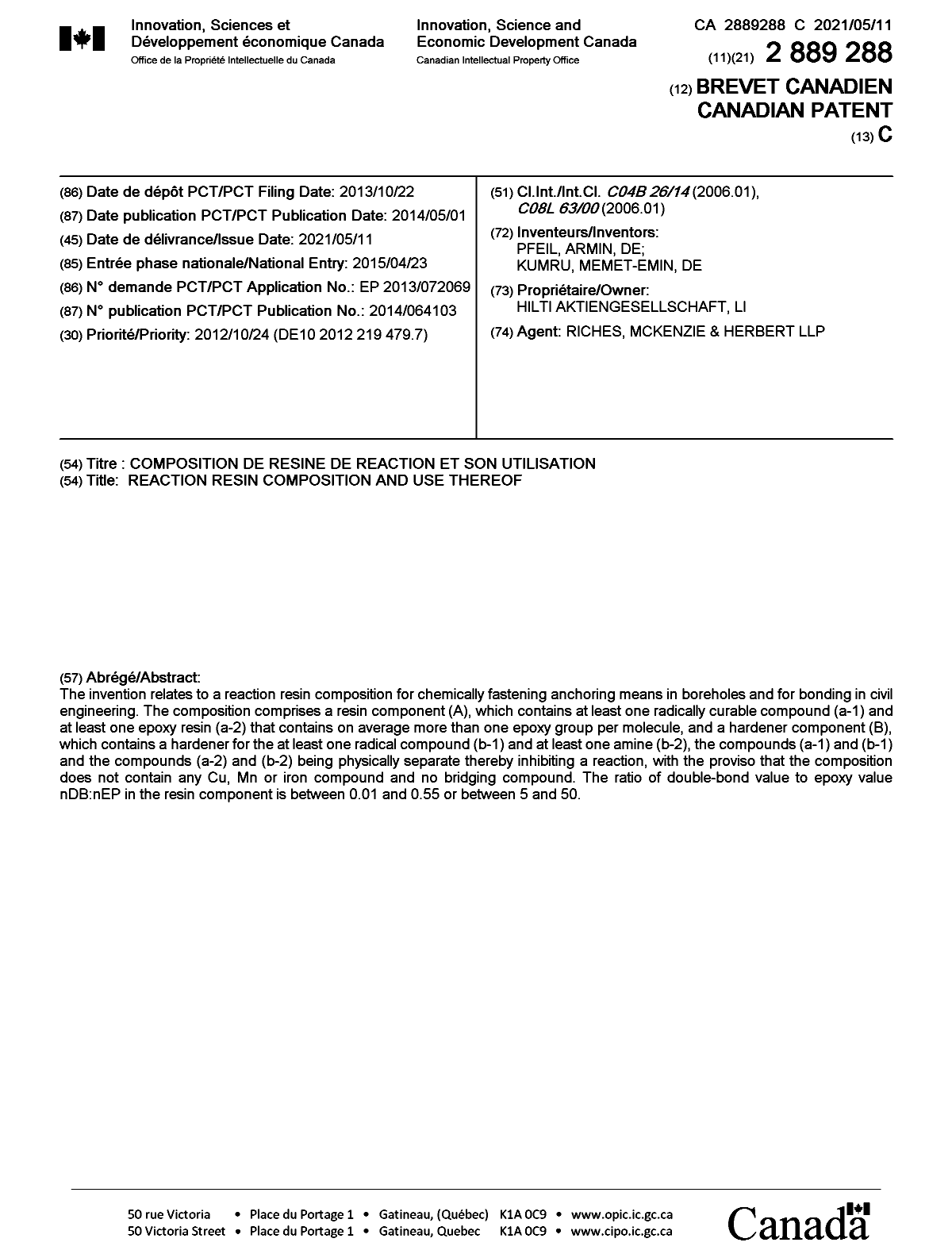 Canadian Patent Document 2889288. Cover Page 20210412. Image 1 of 1