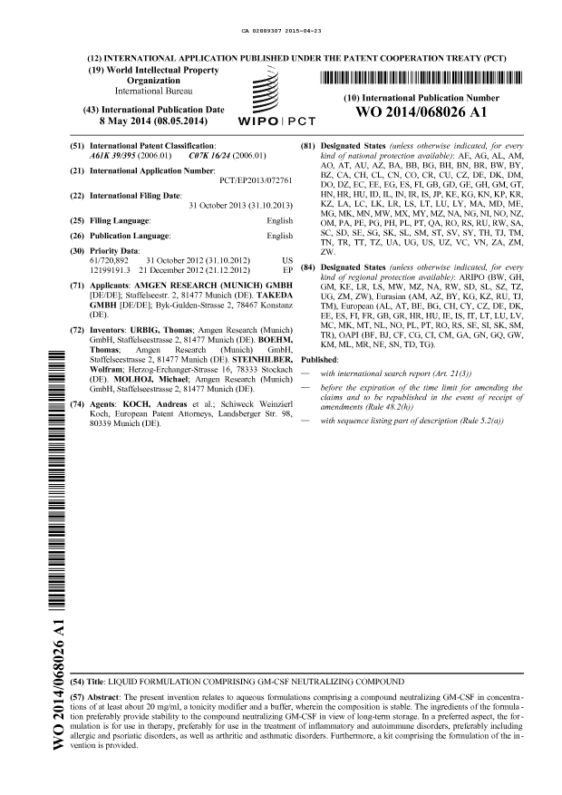 Document de brevet canadien 2889307. Abrégé 20141223. Image 1 de 1