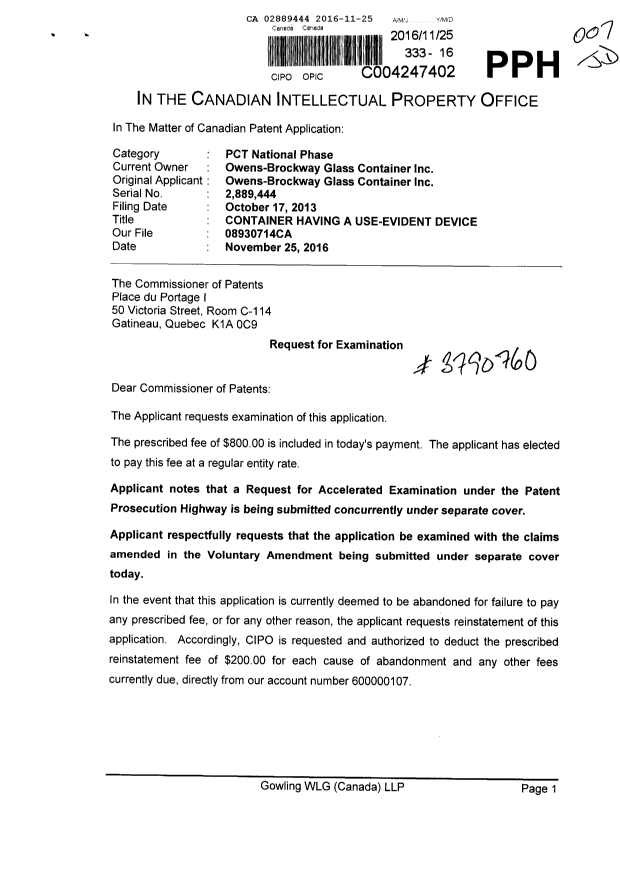 Document de brevet canadien 2889444. Poursuite-Amendment 20151225. Image 1 de 2
