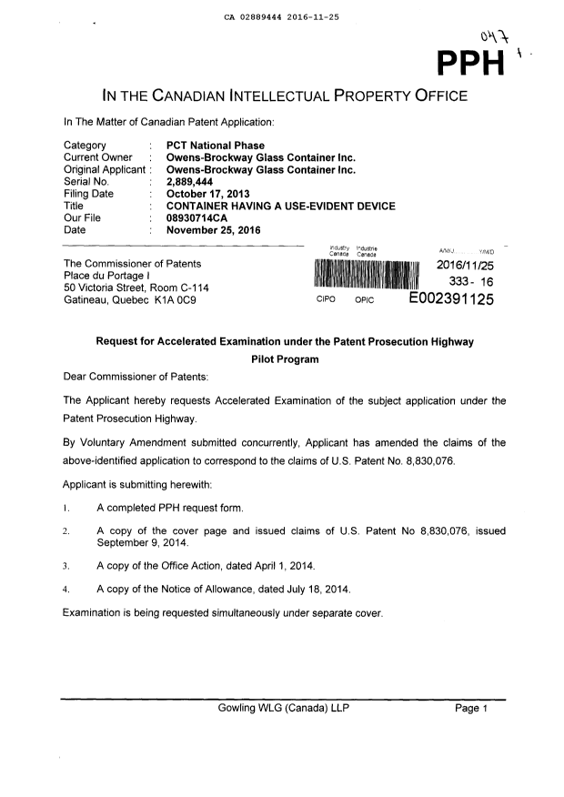 Document de brevet canadien 2889444. Poursuite-Amendment 20151225. Image 1 de 4