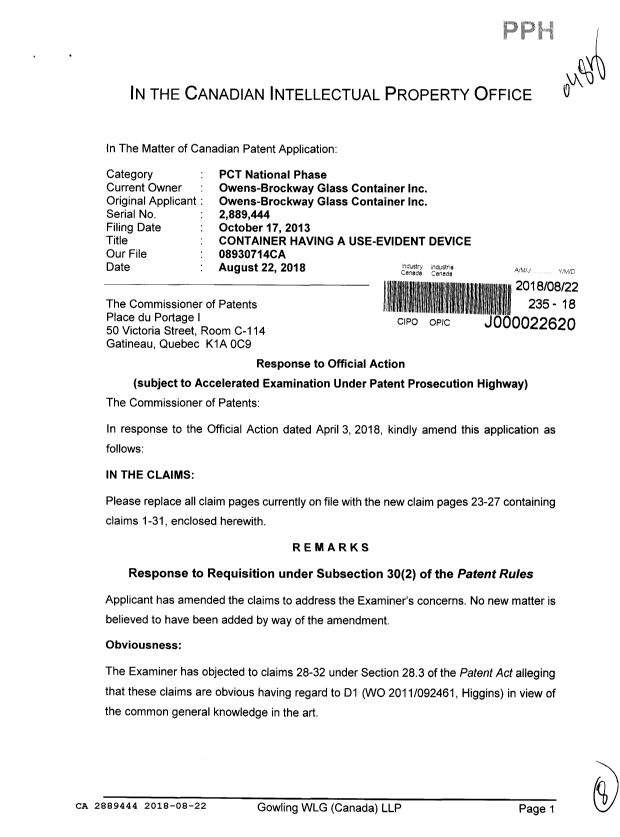 Document de brevet canadien 2889444. Modification 20180822. Image 1 de 8