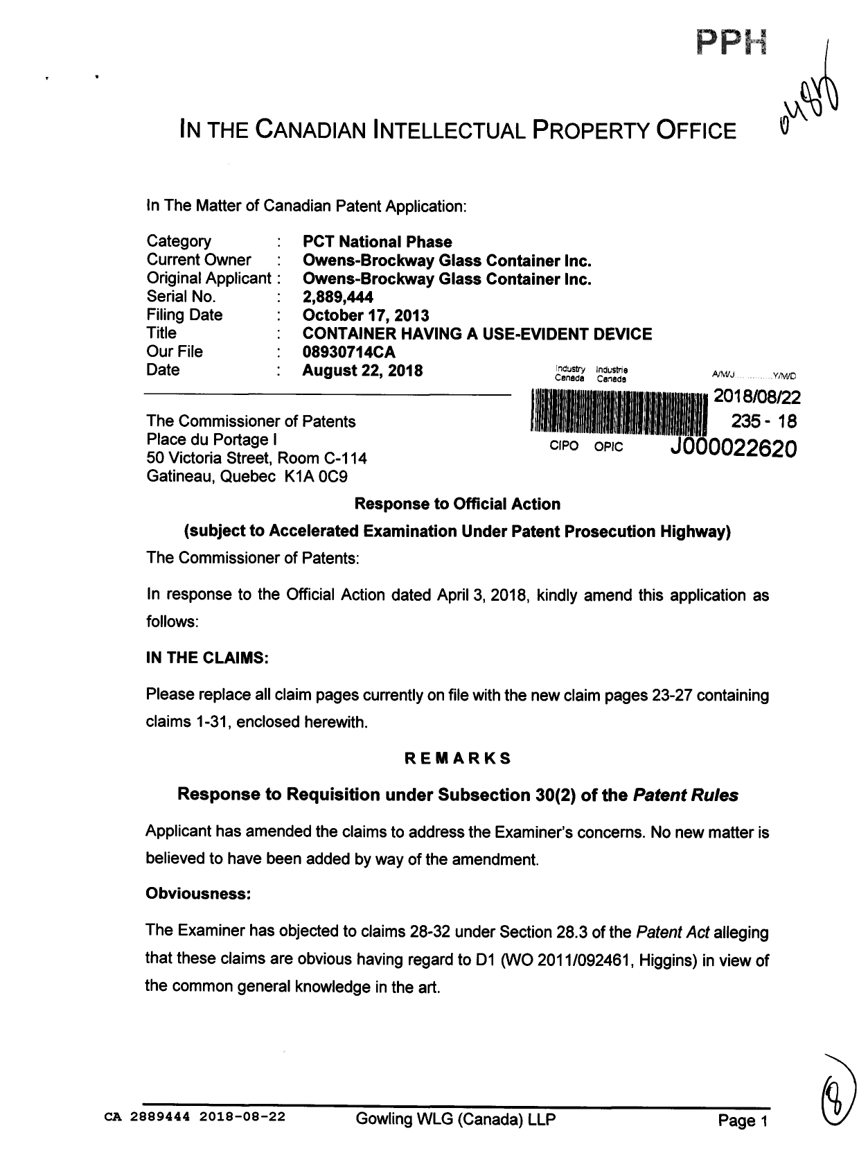 Canadian Patent Document 2889444. Amendment 20180822. Image 1 of 8