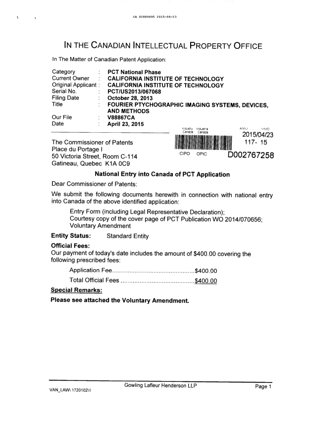 Canadian Patent Document 2889495. Assignment 20150423. Image 1 of 3